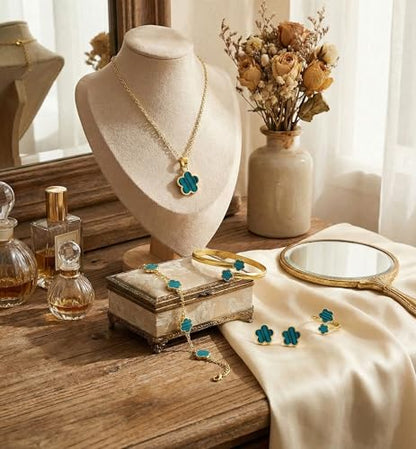 Clover Jewelry Set for Women Non Tarnish Gold-Tone Five Leaf Clover Necklace, Earrings, Ring, Bracelet Fashion Simple Floral Jewelry Set - color: Green