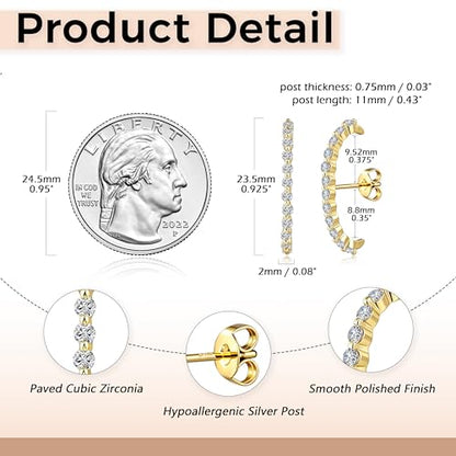 CZ Suspender Cuff Stud Earrings Wrap Earlobe Silver Post Cubic Zirconia Minimalist Jewelry for Women - color: Gold Full CZ