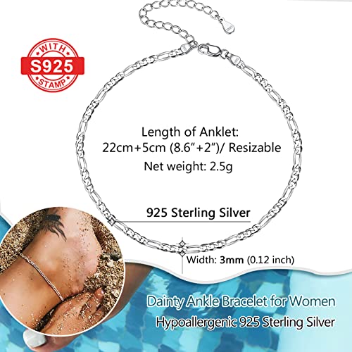 PROSILVER 925 Sterling Silver Ankle Bracelets For Women, Stylish Chain Anklets, Summer Beach Jewelry, 8.6-10.6 Inch Adjustable, Come with Box - style: 03 Figaro Anklet-3mm