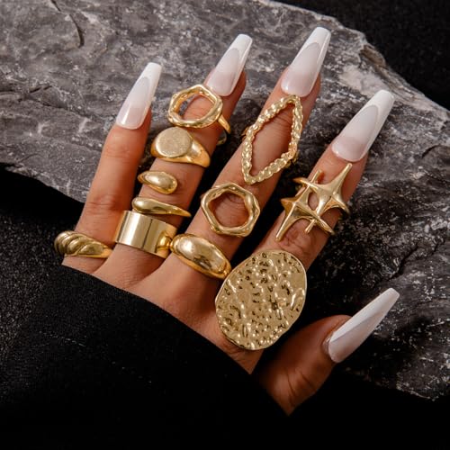 Chunky Gold Rings for Women Non Tarnish, Baroque Pearl Flower Tiger's Eye Stone Rings Adjustable Stacking Statement Rings Set Fashion Jewelry Gifts - style: Big Irregular