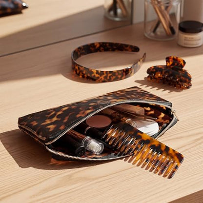 Thiccywoov 4 Pcs Tortoise Shell Makeup Bag with Hair Accessories Set for Women, Travel Cosmetic Pouch, Wide Headband, Large Claw Clip, Wide Tooth Comb, Retro Hair Styling Gift Set