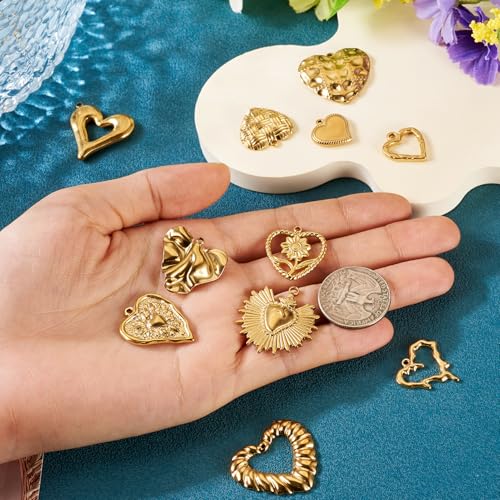 Craftdady 11Pcs Stainless Steel Tiny Heart Charms 18K Gold Plated Sweet Love Heart with Sunflower Charm Bulk for Jewelry Making Charms Christmas Valentine Day Gift Craft Supplies（Golden）