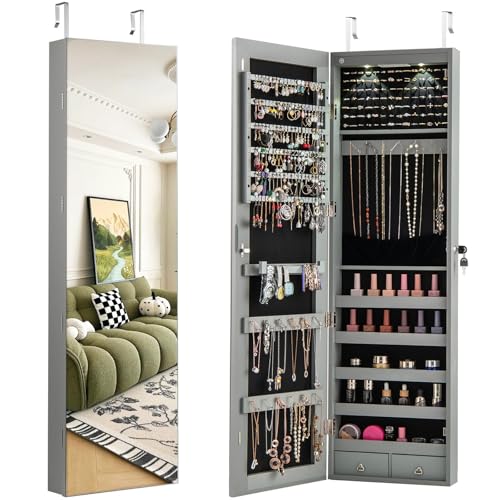 GIANTEX Wall or Door Mounted Jewelry Armoire with 47.5" Full Length Mirror, Lockable Cabinet with 2 LED Lights, 2 Drawers, Over the Door Large Jewelry Storage Organizer (Gray) - color: Gray, size: 47.5'' H