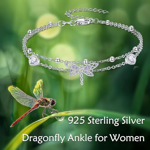 925 Sterling Silver Layered Anklet for Women Adjustable Multilayer Beach Anklet Bracelet - style: Dragonfly