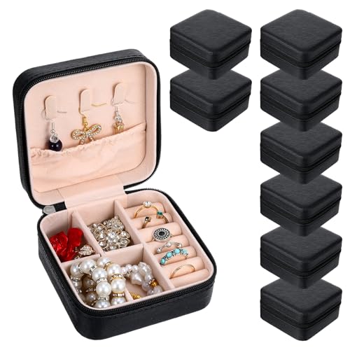 8 Pack Travel Jewelry Case Small Travel Jewelry Box Bridesmaid Gifts Jewelrys Box, PU Leather Small Jewelrys Case Organizer Storage for Rings Earrings Necklaces, Beauty Gifts (Black) - color: Black