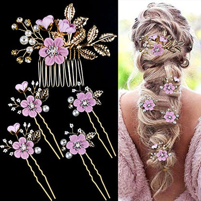 5 PCS Bridal Flower Wedding Hair Pins Crystal Pearl Hair Clips Headpiece Gold Wedding Hair Accessories Jewelry with Rhinestone for Brides Bridesmaids Women Girls Updo, Romantic Lilac Purple - color: Exquisite Flower Leaves&Romantic Lilac Purple