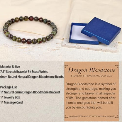 LPBeads Handmade Natural Gemstone Stretch Elastic Bracelet Healing Crystal Round Stone Beads Jewelry Gifts for Women Men - color: Dragon Bloodstone, size: 6mm