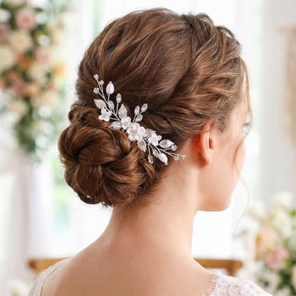 Bride Silver Wedding Hair Comb Flower Bridal Side Comb Sparkly Crystal Hair Piece Leaf Hair Accessorie for Women