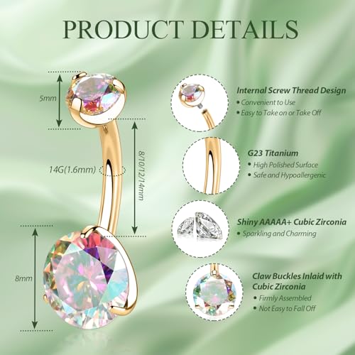 FUNLMO 14G Belly Button Ring Titanium Belly Button Piercing Belly Ring Internally Threaded Navel Piercing Jewelry - color: Gold-Aurora Borealis CZ