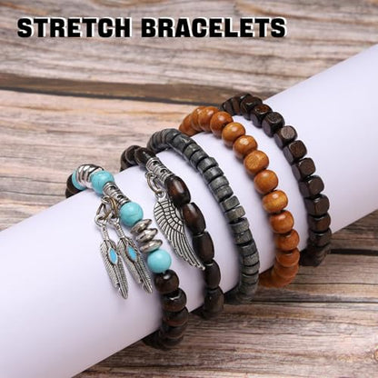 Mens Beaded Bracelets Tribal Wooden Elastic Adjustable Prayer Beads Wrap Cuff for Women - color: K: 5pcs