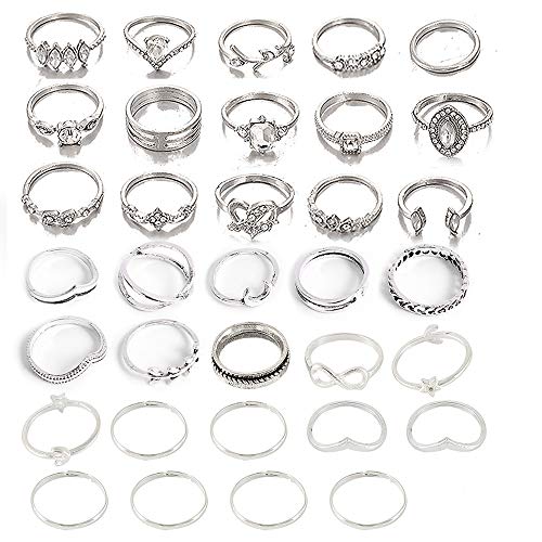 HUJUON 27-34PCS Knuckle Rings Set for Women Stackable Finger Ring Sets Vintage Joint Midi Rings Gold/Silver Star Moon Stacking Rings for Women - style: 34PCS