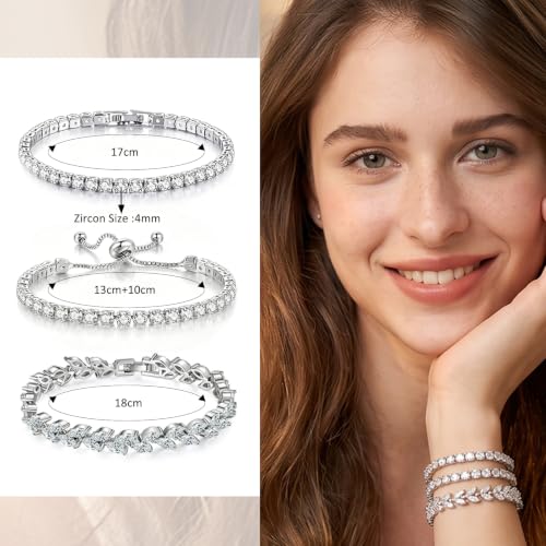 GEMOSA 3 Pcs Tennis Bracelets for Women Silver Gold Bule CZ Braclet Set | Marquise Cubic Zirconia CZ Diamond, Dainty Adjustable Silver Gold Bule Bracelets, for Women Brides, Stackable Fashion Jewelry - color: White