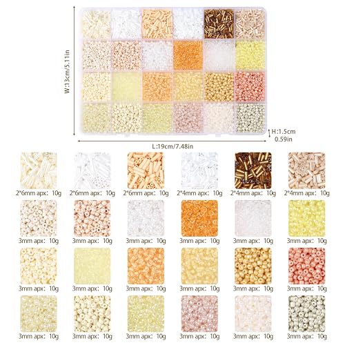 LAIDANLA 7500pcs Beige White Glass Seed Beads Kit for Jewelry Making with 3mm Tiny Bead and 4mm/6mm Bugle Tube Bead 24 Colors Waist Embroidery Beads for Bracelets Necklaces DIY Craft Beading Kit - color: Beige