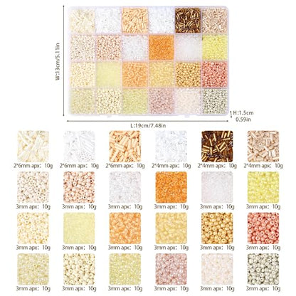 LAIDANLA 7500pcs Beige White Glass Seed Beads Kit for Jewelry Making with 3mm Tiny Bead and 4mm/6mm Bugle Tube Bead 24 Colors Waist Embroidery Beads for Bracelets Necklaces DIY Craft Beading Kit - color: Beige