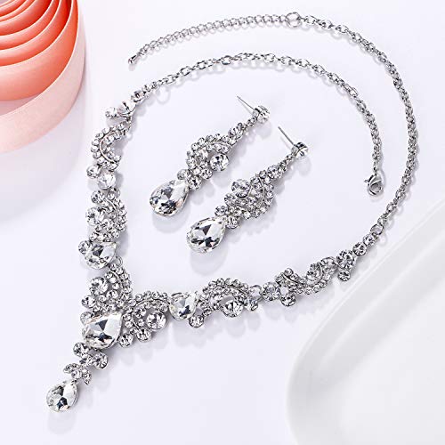 EVER FAITH Rhinestone Crystal Bridal Floral Wave Teardrop Necklace Earrings Set - color: 2pcs_Clear