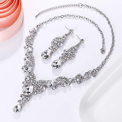 EVER FAITH Rhinestone Crystal Bridal Floral Wave Teardrop Necklace Earrings Set - color: 2pcs_Clear