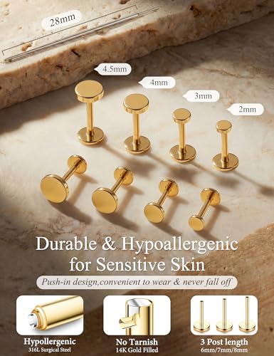 YADOCA Threadless Flat Back Earrings Gold Nose Studs Surgical Steel | Push-in flat back design for cartilage tragus helix conch and medusa piercings, gold plated stainless steel studs - color: Gold Round, size: 20G(0.8MM)