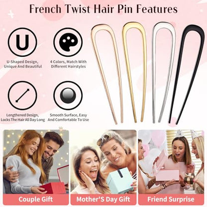 4Pcs Elegant French Hair Pin Set for Women, Metal U Shaped Hair Pins | French Hair Tool Decorative Hair Clips for Thick and Fine Hair (Gold Black Silver Rose Gold)
