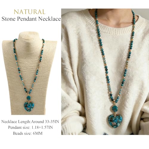 Yomisa Long Necklaces for Women Trendy, 33/34/35 inch | Boho Beaded Necklaces for Women, Natural Stone Pendant, Handmade Knotted Bead, Bohemian Holiday Summer Western Charm Jewelry - color: Love-Turquoise