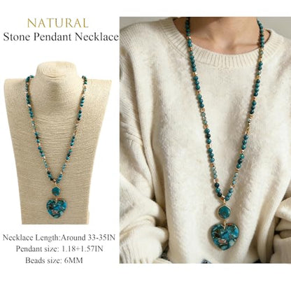 Yomisa Long Necklaces for Women Trendy, 33/34/35 inch | Boho Beaded Necklaces for Women, Natural Stone Pendant, Handmade Knotted Bead, Bohemian Holiday Summer Western Charm Jewelry - color: Love-Turquoise