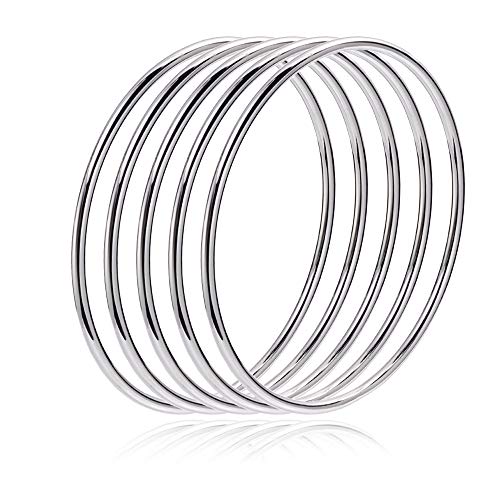 Fashion Shiny Thin Round Stainless Steel Bangle Bracelets for Women (1/3/5/8 Set) - style: Silver-5 Set-XL