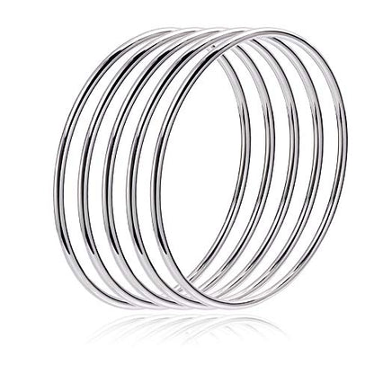 Fashion Shiny Thin Round Stainless Steel Bangle Bracelets for Women (1/3/5/8 Set) - style: Silver-5 Set-XL