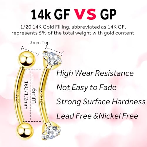 2 Pcs 14k Gold Filled Eyebrow Rings, 16G Threaded Rook Piercing Jewelry, Surgical Steel Vertical Lip Labret Belly Tongue Ring Daith Earring Curved Barbells - color: 6mm-2pcs