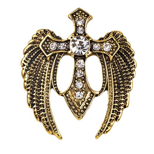 HETICA Vintage Animal Dragon Skull Wolf Crown Lion Brooch for Men Women Suit Tie Dress Lapel Pin Fashion Jewelry - style: Vintage Gold Wing Cross
