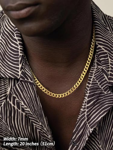 FindChic Men Curb Chain Necklace 18K Gold Plated/Stainless Steel/Black Chunky Double Tight Cuban Link Hip Hop Neck Chains for Men Boys 3.5MM/5MM/6MM/7MM/9MM/12MM 14''-30'' 8 Length Options (Send Gift Box) - color: E.7mm Width-Gold, size: 28 inches