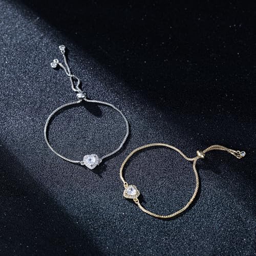 14K White Gold Plated Heart Bracelet for Women Elegant Zircon Inlay Heart Charm Box Chain Bracelet Adjustable Length Minimalist Jewelry