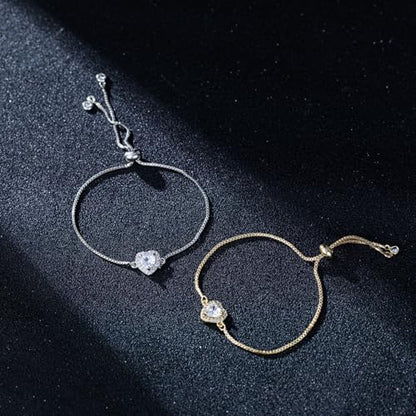 14K White Gold Plated Heart Bracelet for Women Elegant Zircon Inlay Heart Charm Box Chain Bracelet Adjustable Length Minimalist Jewelry