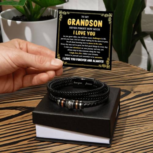 To My GrandSon Bracelet – Love You Forever Braided Leather Bracelet, Meaningful GrandSon Gift from Grandpa & Grandma with Heartfelt Message Card & Elegant Gift Box for Birthday, Christmas - color: Version#3