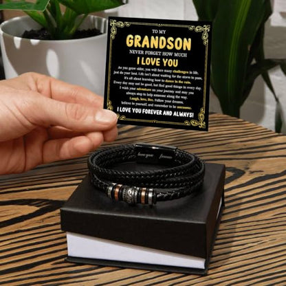To My GrandSon Bracelet – Love You Forever Braided Leather Bracelet, Meaningful GrandSon Gift from Grandpa & Grandma with Heartfelt Message Card & Elegant Gift Box for Birthday, Christmas - color: Version#3