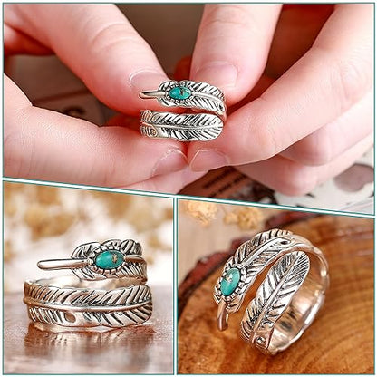 AVECON S925 Sterling Silver Turquoise/Labradorite/Just Breathe/Onyx Rings | Hypoallergenic Adjustable Open Feather Gift Women Men Thumb Spoon Statement Western Band Jewelry for Anniversary - color: Custom-Turquoise