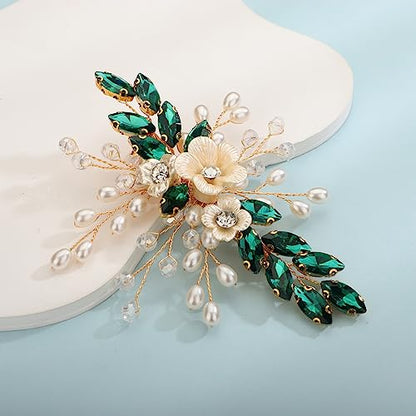 Xerling Green Rhinestones Crystal Flower Hair Barrettes Clip Boho Bridal Pearl Hair Jewelry Accessories for Women Wedding Floral Headpieces (Green) - color: Green