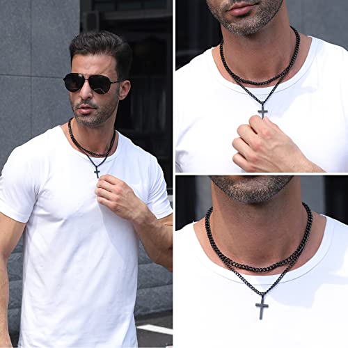 Zocomi Cross Necklace for Men Boys, Stainless Steel Layered Cuban Link Herringbone Chain Cross Pendant Christian Fashion Jewelry Gifts 16-24 Inches - color: Black, size: 22inch/24inch, style: Cuban+Cuban