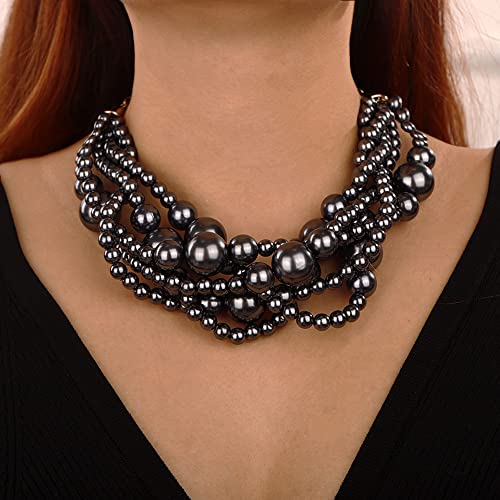 Wiwpar 2PCS Large Chunky Statement Faux Pearl Bib Choker Necklace and Earring Set for Party Wedding Ladies - color: black