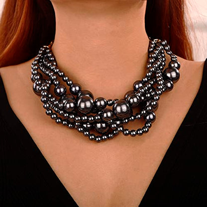 Wiwpar 2PCS Large Chunky Statement Faux Pearl Bib Choker Necklace and Earring Set for Party Wedding Ladies - color: black