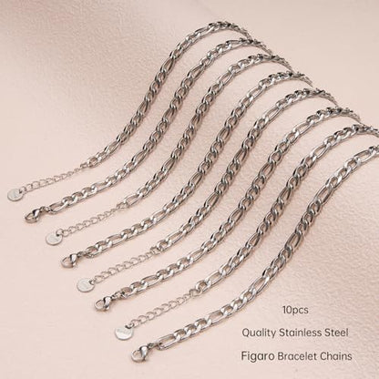 UMAOKANG 10 Pack Stainless Steel Figaro Bracelet Chains for Jewelry Making | Charm Silver Hand Chain Bracelets Bulk DIY Supplies Permanent Adjustable Bracelet Kit - color: 10pcs Figaro Steel
