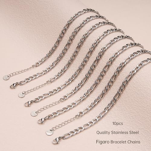 UMAOKANG 10 Pack Stainless Steel Figaro Bracelet Chains for Jewelry Making | Charm Silver Hand Chain Bracelets Bulk DIY Supplies Permanent Adjustable Bracelet Kit - color: 10pcs Figaro Steel