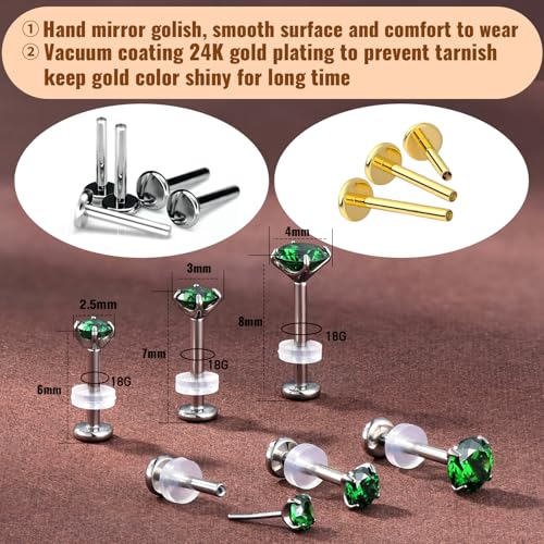 20G Flat Back Earrings Studs 18G Nose Rings 24K Gold Plating 3 Pairs Titanium Threadless 16G Cartilage Earrings for Women Men Tragus Conch Helix Medusa Lip Piercing Jewelry - color: polish emerald cz, size: 18G