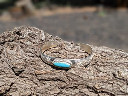 Native American Bracelet, Turquoise Cuff, Sterling Silver Engraved Accents Jewelry, SouthWest Artisans sz 6.75in