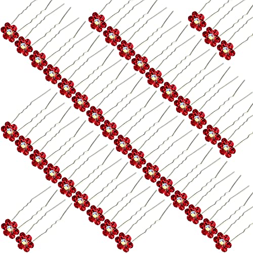Rhinestone Flower Hair Pins, 40 Pcs U-Shaped Crystal Party Wedding Bridal Hair Accessories for Women Girls (Red) - color: Red