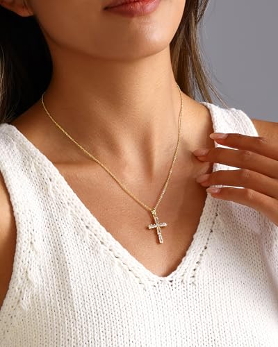 Cross Necklace for Women, 14K Gold Plated Cubic Zirconia Cross Pendant Necklace, Trendy Christian Jewelry Gifts for Baptism First Communion Christmas - color: Style A - Gold
