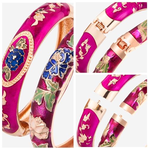 UJOY Cloisonne Bangle Colorful Enamel Filigree Rose Flower Hollowed Crystal Bracelet for Women Gifts 88A09 - color: 2 Pcs Set-C58-Purple