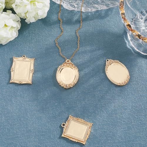 Beebeecraft 1 Box 4Pcs Pendant Trays Kit 14K Gold Plated Cabochon Settings Charms Blank Bezel Charm Round Oval Rectangle for Jewelry Making Necklace DIY Crafts - color: #3 Mix 4 Styles