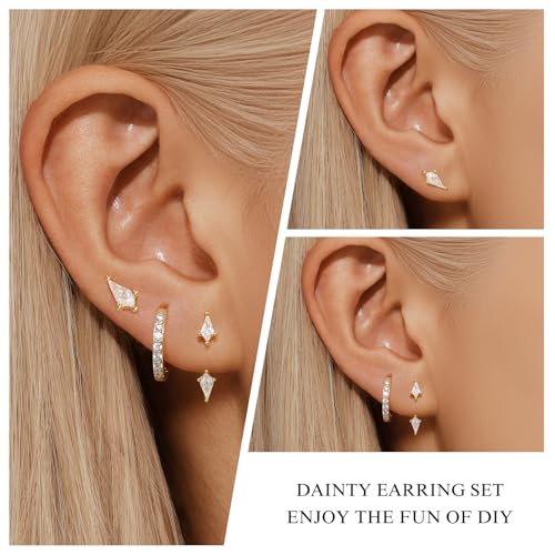 3 Pairs Stackable Kite Stud Earrings Set for Women Trendy | Dainty Birthstone Stud Gold & 925 Sterling Silver Huggie Hoop Jacket Stack Earrings for Women 2026 - color: Gold-Zircon