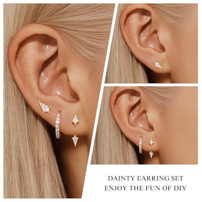 3 Pairs Stackable Kite Stud Earrings Set for Women Trendy | Dainty Birthstone Stud Gold & 925 Sterling Silver Huggie Hoop Jacket Stack Earrings for Women 2026 - color: Gold-Zircon