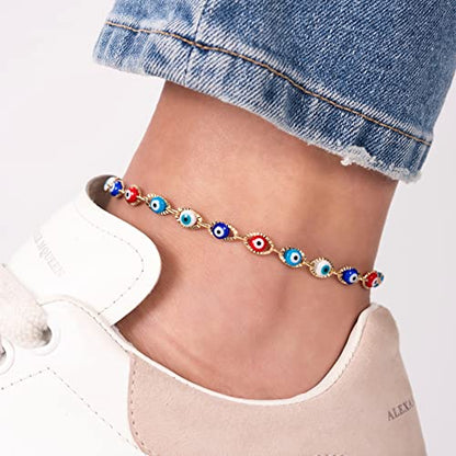 Barzel 18k Gold Plated Evil Eye Anklet Bracelet - Made In Brazil - color: Diamond Cut Multicolor