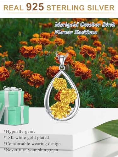 12 Month Birth Flower Necklace for Women 925 Sterling Silver Floral Teardrop Pendant Birthday Jewelry Gifts - color: 10. October Marigold